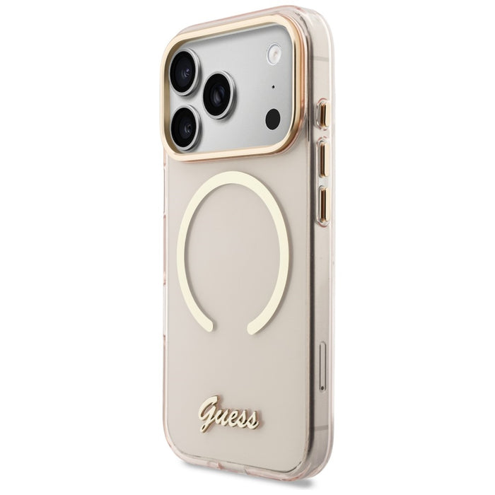 Метален калъф Guess IML Script MagSafe за iPhone 17 Pro - розов