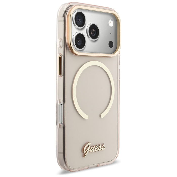 Метален калъф Guess IML Script MagSafe за iPhone 17 Pro - розов