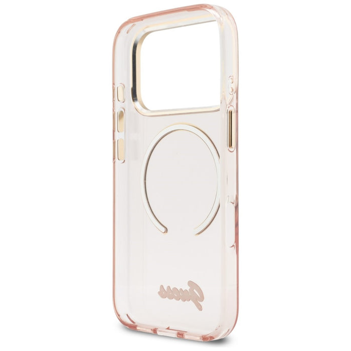Метален калъф Guess IML Script MagSafe за iPhone 17 Pro - розов
