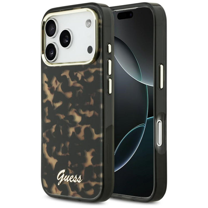 Метален калъф Guess IML Script MagSafe за iPhone 17 Pro - черен и кафяв
