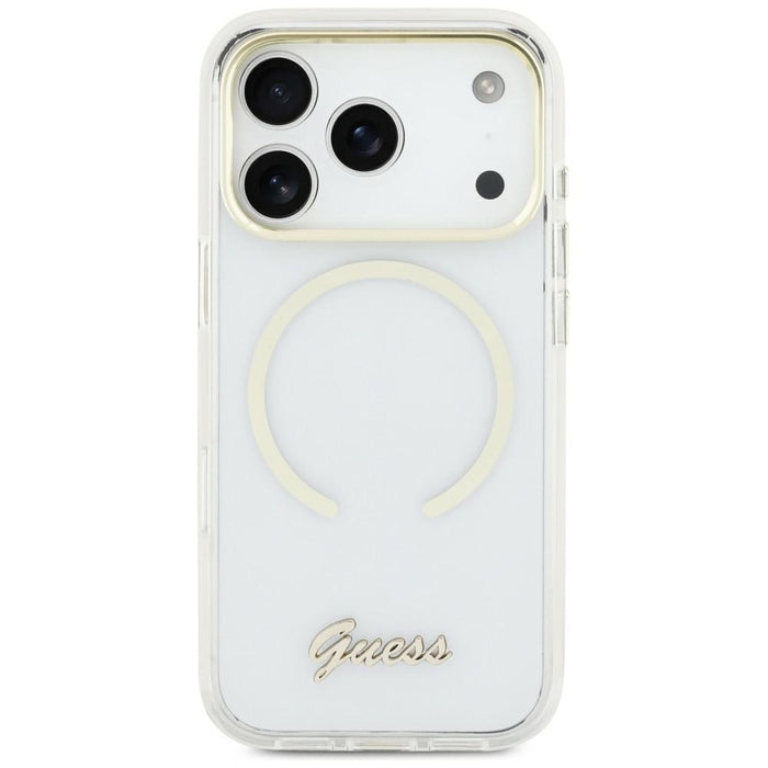 Метален калъф Guess IML Script MagSafe за iPhone 17 - прозрачен