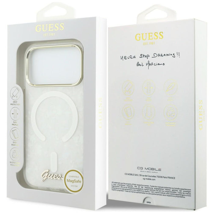 Калъф Guess IML Shell Script Metal MagSafe за iPhone 17 Pro Max - бял