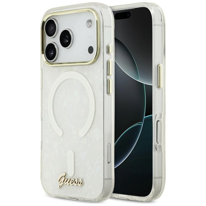 Калъф Guess IML Shell Script Metal MagSafe за iPhone 17 Pro Max - бял