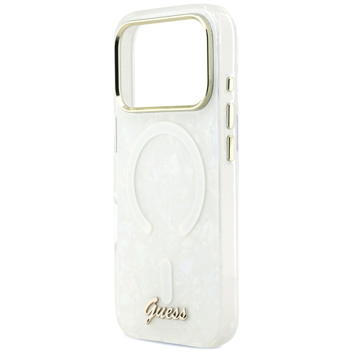 Калъф Guess IML Shell Script Metal MagSafe за iPhone 17 Pro Max - бял