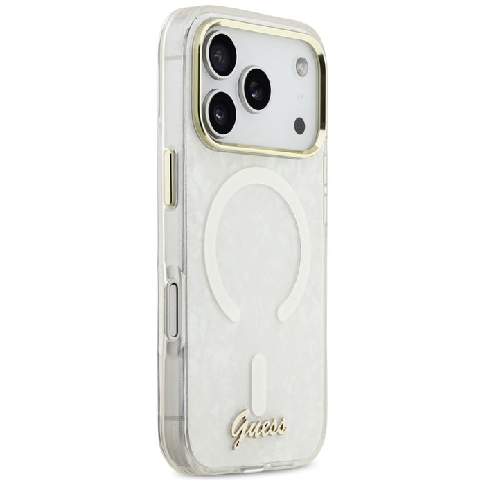 Калъф Guess IML Shell Script Metal MagSafe за iPhone 17 Pro Max - бял