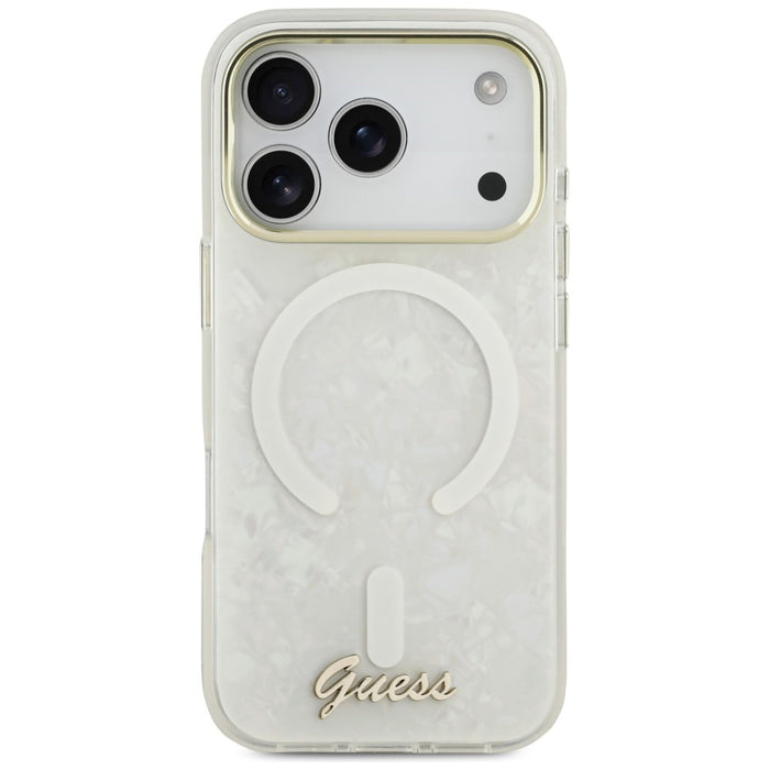Калъф Guess IML Shell Script Metal MagSafe за iPhone 17 Pro Max - бял