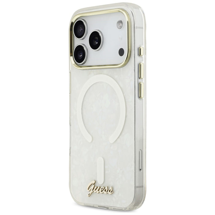 Калъф Guess IML Shell Script Metal MagSafe за iPhone 17 Pro Max - бял