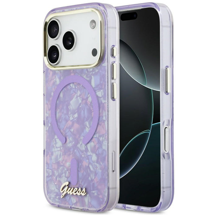 Калъф Guess IML Shell Script Metal MagSafe за iPhone 17 Pro Max - лилав