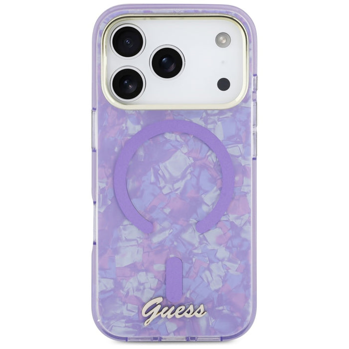 Калъф Guess IML Shell Script Metal MagSafe за iPhone 17 Pro Max - лилав