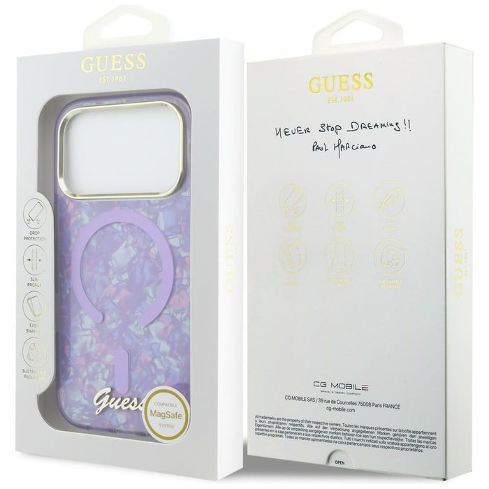 Калъф Guess IML Shell Script Metal MagSafe за iPhone 17 Pro Max - лилав
