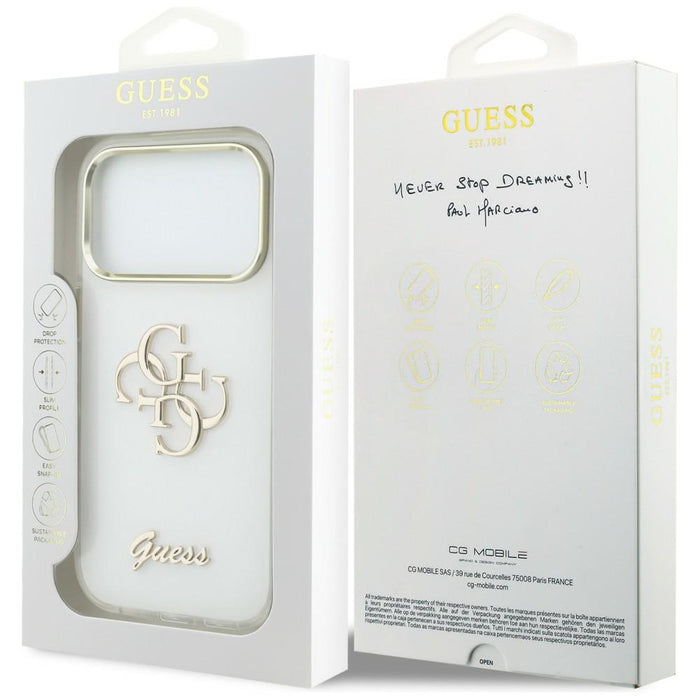 Метален калъф Guess IML 4G Script за iPhone 17 Pro Max - бял