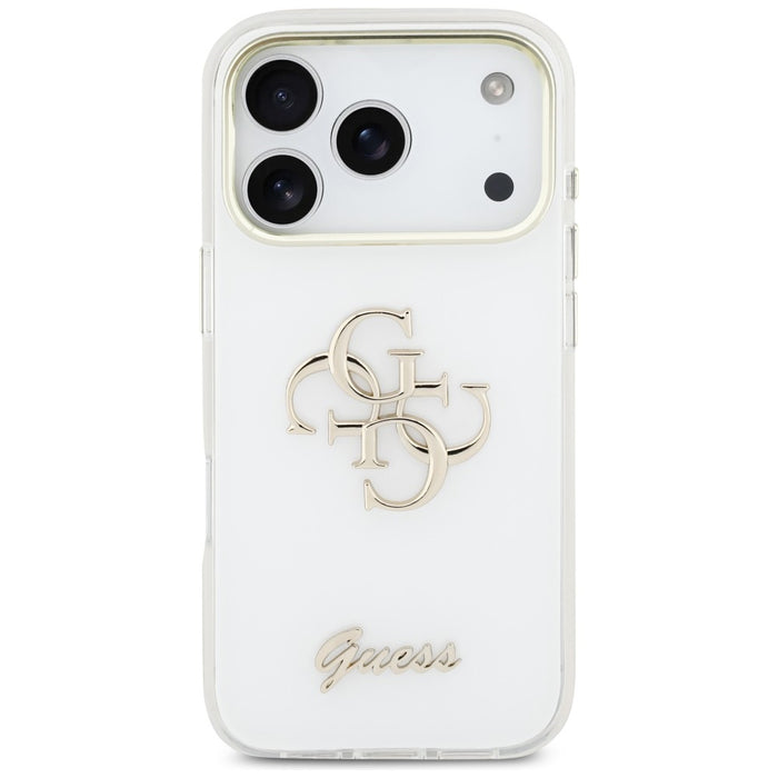 Метален калъф Guess IML 4G Script за iPhone 17 Pro Max - бял