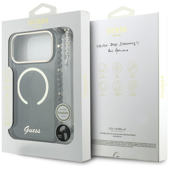 Калъф Guess IML Glitters Script Strap MagSafe за iPhone 17 Pro Max - черен