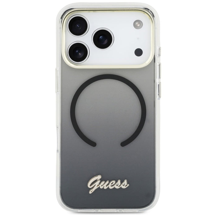 Метален калъф Guess IML Gradient Script MagSafe за iPhone 17 Pro - черен