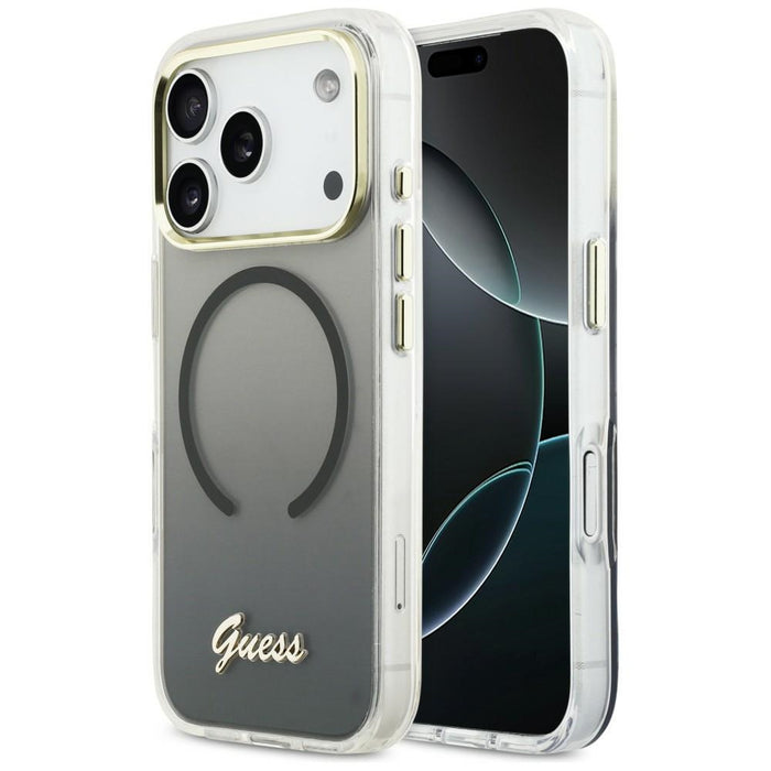 Метален калъф Guess IML Gradient Script MagSafe за iPhone 17 Pro - черен