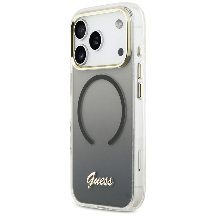 Метален калъф Guess IML Gradient Script MagSafe за iPhone 17 Pro - черен