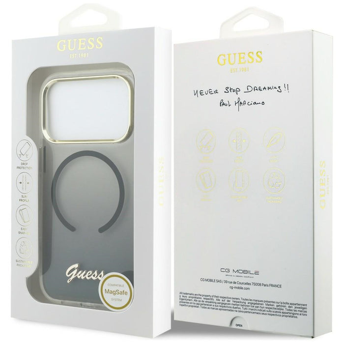 Метален калъф Guess IML Gradient Script MagSafe за iPhone 17 Pro - черен