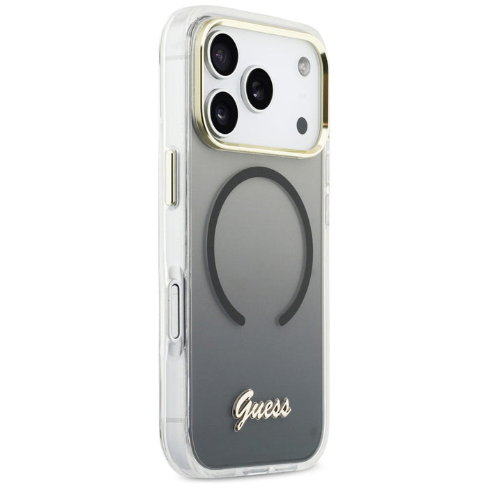 Метален калъф Guess IML Gradient Script MagSafe за iPhone 17 Pro - черен