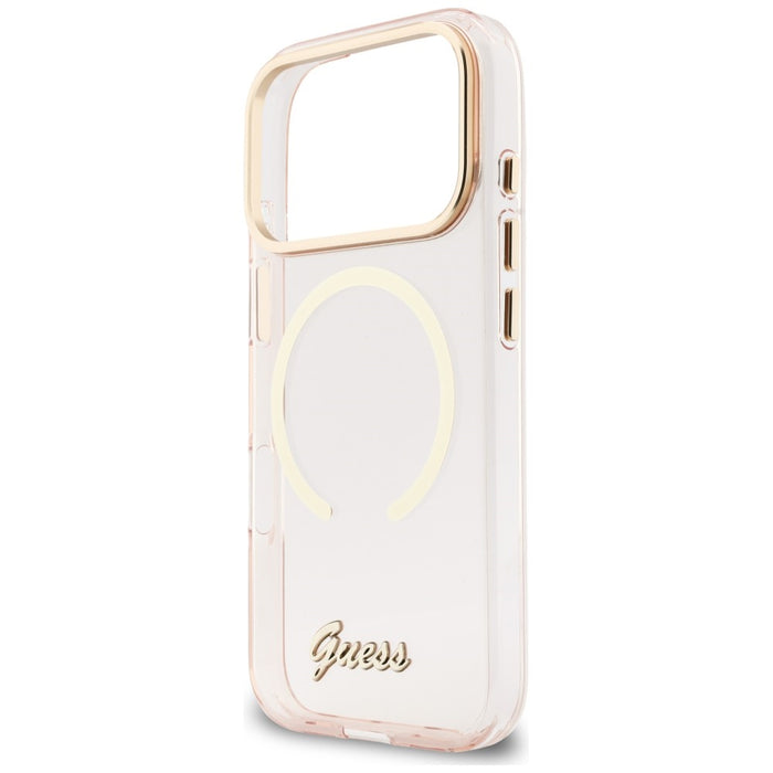 Метален калъф Guess IML Script MagSafe за iPhone 17 Pro Max - розов