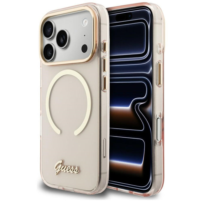 Метален калъф Guess IML Script MagSafe за iPhone 17 Pro Max - розов