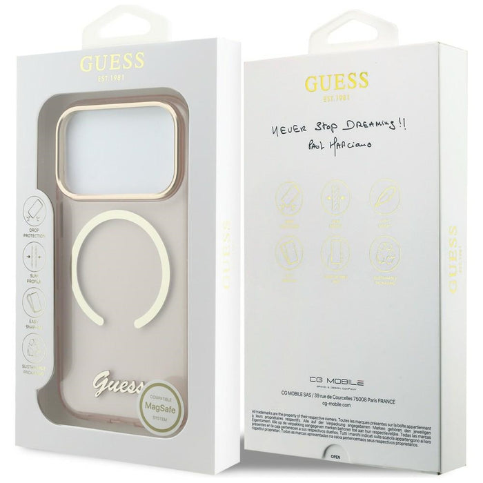 Метален калъф Guess IML Script MagSafe за iPhone 17 Pro Max - розов