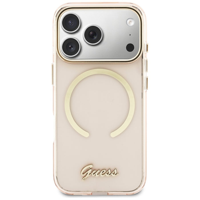 Метален калъф Guess IML Script MagSafe за iPhone 17 Pro Max - розов