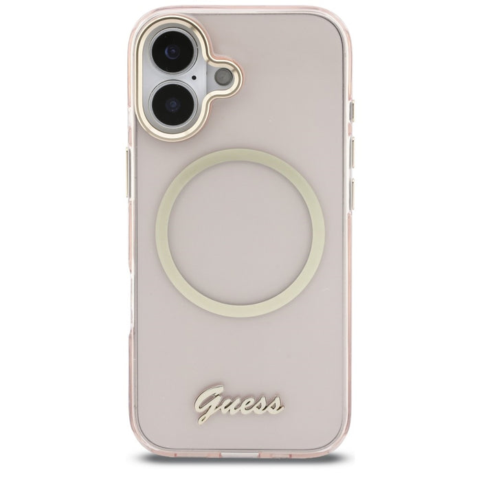 Метален калъф Guess IML Script MagSafe за iPhone 17 - розов