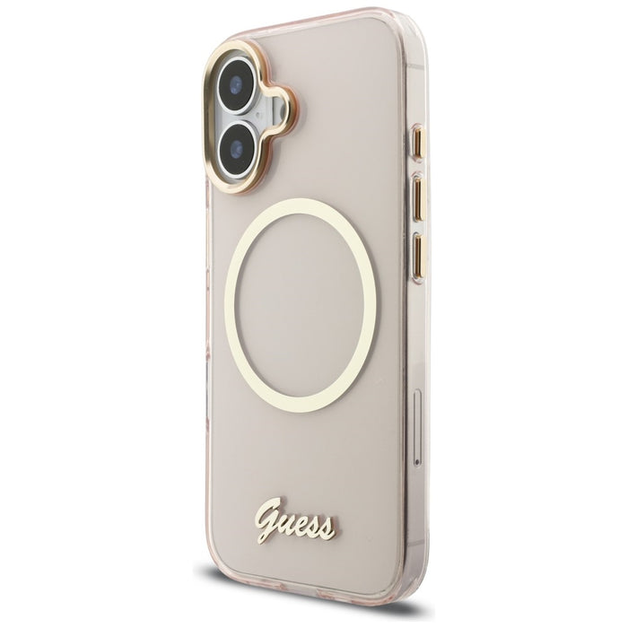 Метален калъф Guess IML Script MagSafe за iPhone 17 - розов