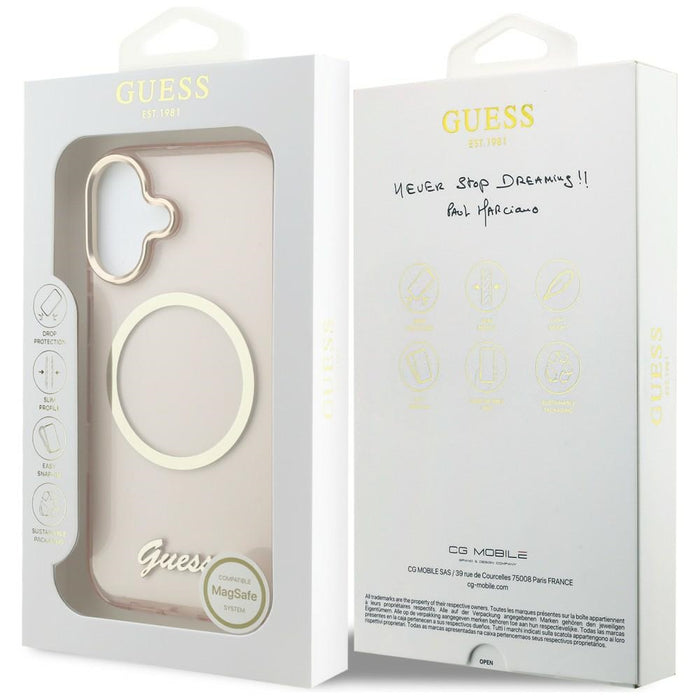 Метален калъф Guess IML Script MagSafe за iPhone 17 - розов