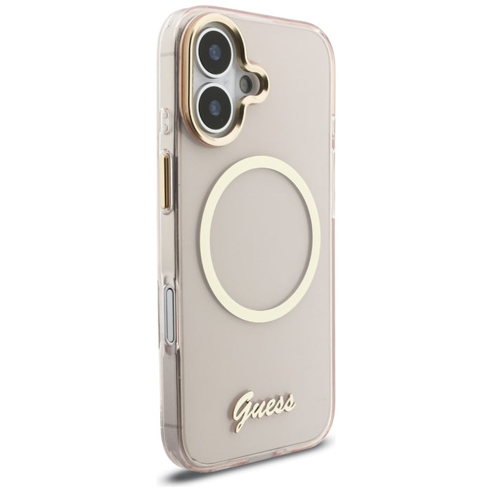Метален калъф Guess IML Script MagSafe за iPhone 17 - розов