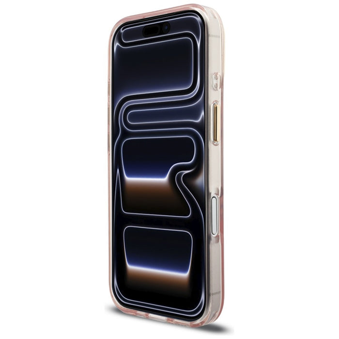 Метален калъф Guess IML Script MagSafe за iPhone 17 - розов