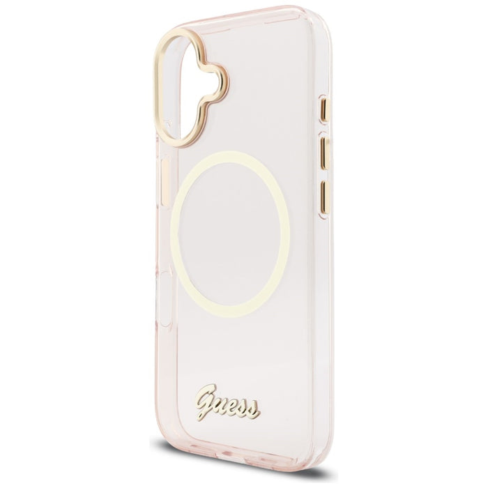 Метален калъф Guess IML Script MagSafe за iPhone 17 - розов