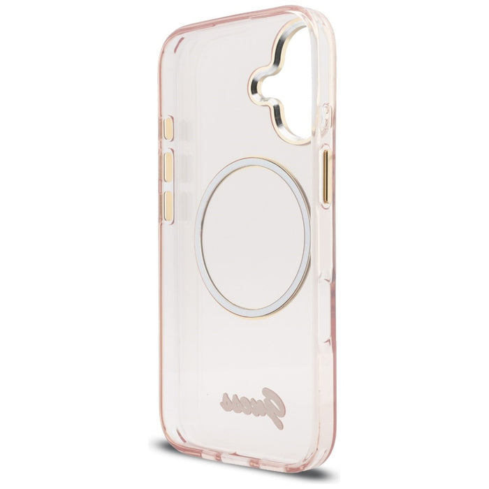 Метален калъф Guess IML Script MagSafe за iPhone 17 - розов