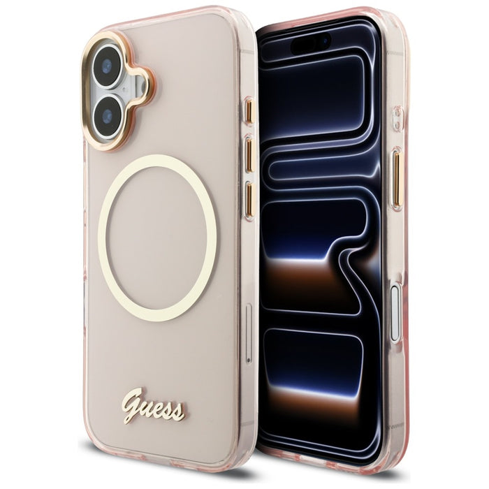 Метален калъф Guess IML Script MagSafe за iPhone 17 - розов
