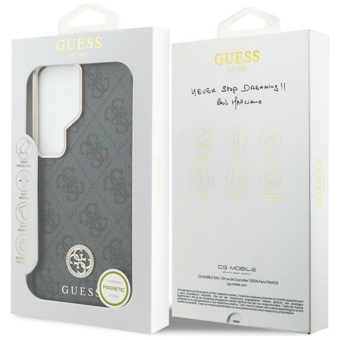 Калъф Guess 4G Rhinestone с кръгло лого MagSafe за Samsung Galaxy S26 Ultra - черен