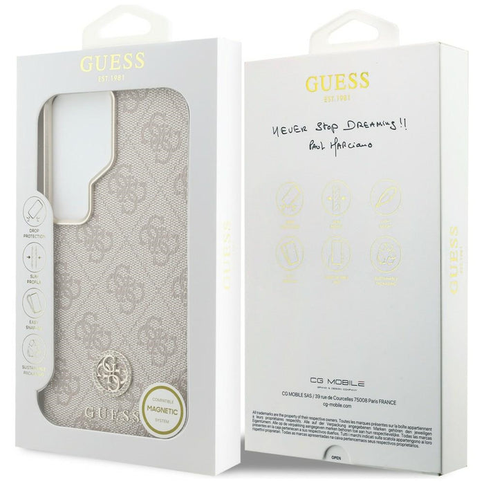 Калъф Guess 4G Rhinestone с кръгло лого MagSafe за Samsung Galaxy S26 Ultra - розов