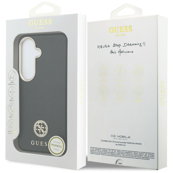 Калъф Guess MagSafe с кръгло лого с кристали за Samsung Galaxy S26 - черен