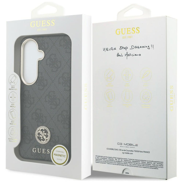 Калъф Guess 4G с кристали и кръгло лого MagSafe за Samsung Galaxy S26+ - черен