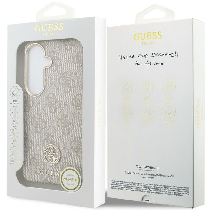 Калъф Guess 4G Rhinestone с кръгло лого MagSafe за Samsung Galaxy S26+ - розов