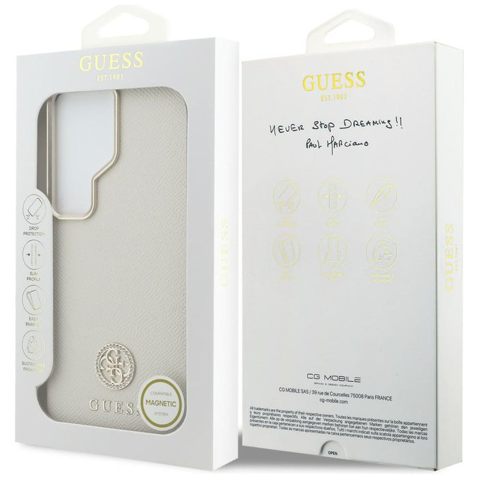 Калъф Guess MagSafe с кръгло лого с кристали за Samsung Galaxy S26 Ultra - бежов