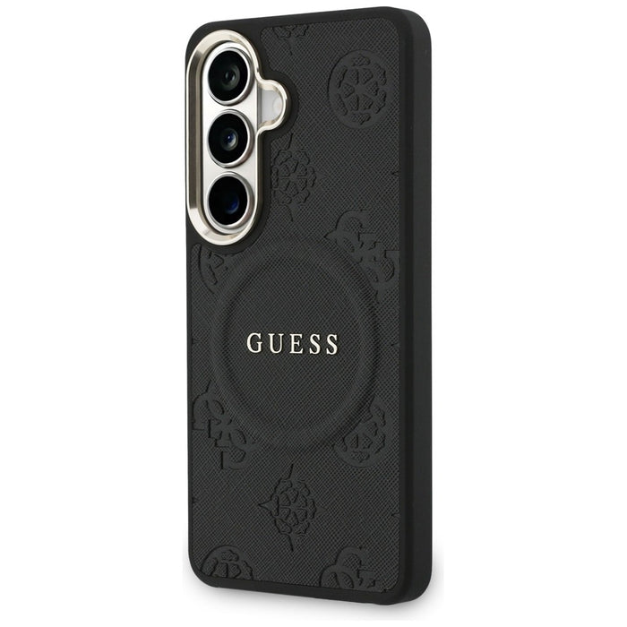 Калъф Guess Saffiano Peony Embossed Ring MagSafe за Samsung Galaxy S26 - черен