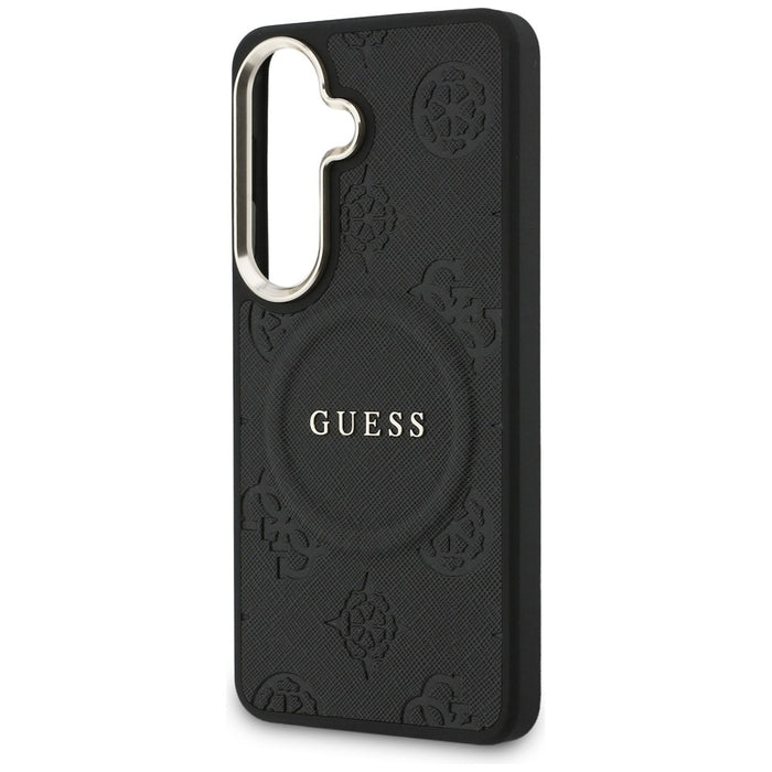Калъф Guess Saffiano Peony Embossed Ring MagSafe за Samsung Galaxy S26 - черен