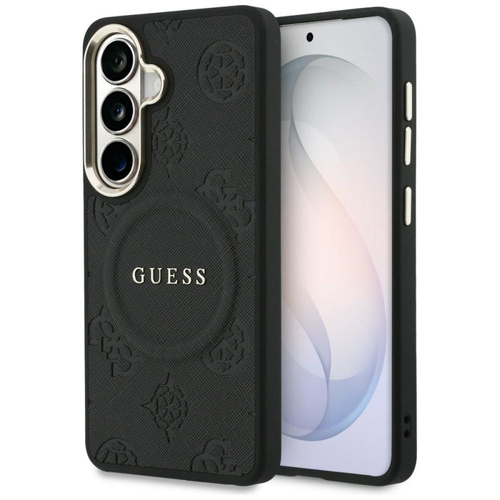 Калъф Guess Saffiano Peony Embossed Ring MagSafe за Samsung Galaxy S26 - черен