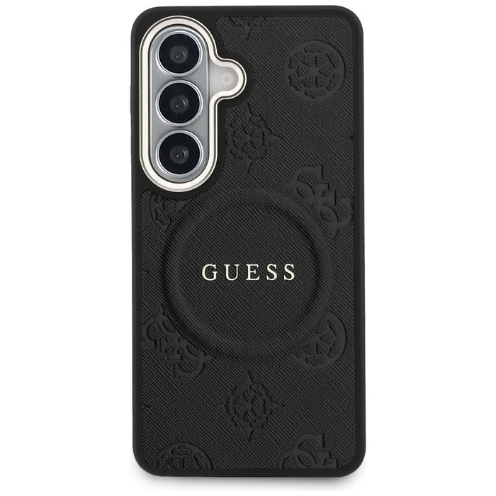 Калъф Guess Saffiano Peony Embossed Ring MagSafe за Samsung Galaxy S26 - черен