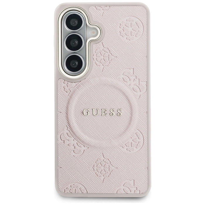 Калъф Guess Saffiano Peony с релефен пръстен MagSafe за Samsung Galaxy S26 - розов