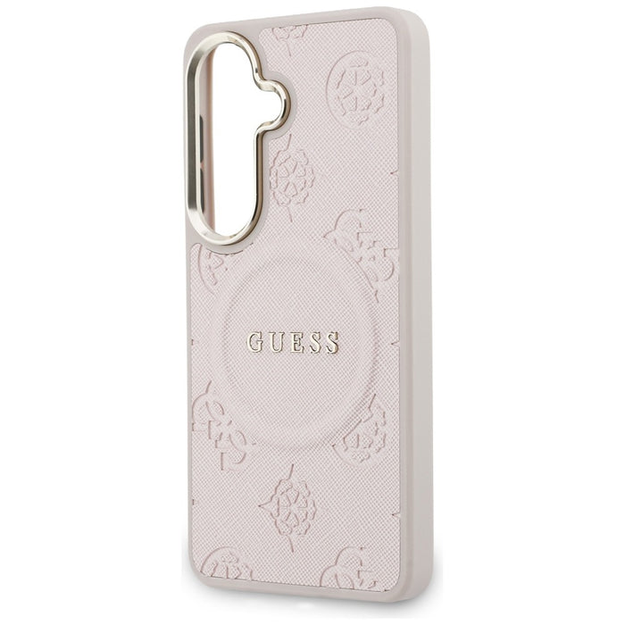 Калъф Guess Saffiano Peony с релефен пръстен MagSafe за Samsung Galaxy S26+ - розов