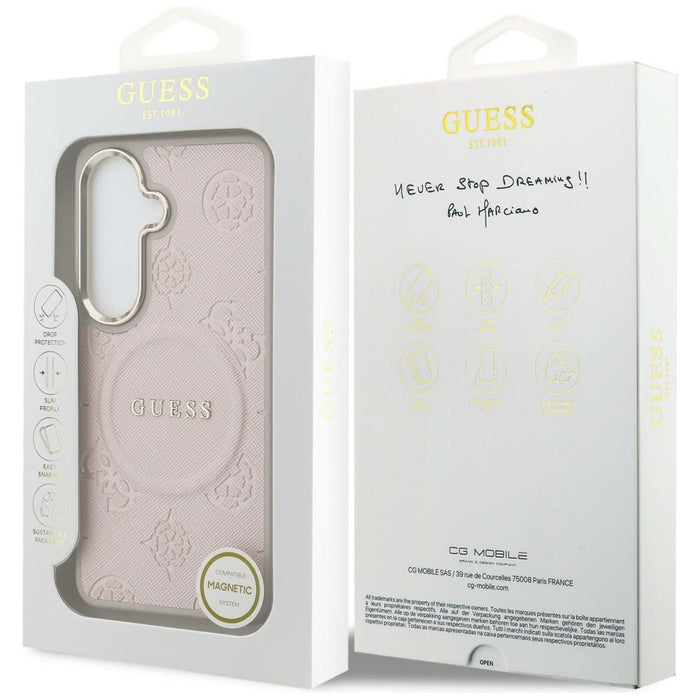 Калъф Guess Saffiano Peony с релефен пръстен MagSafe за Samsung Galaxy S26+ - розов