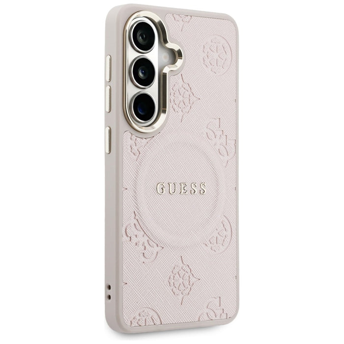 Калъф Guess Saffiano Peony с релефен пръстен MagSafe за Samsung Galaxy S26+ - розов