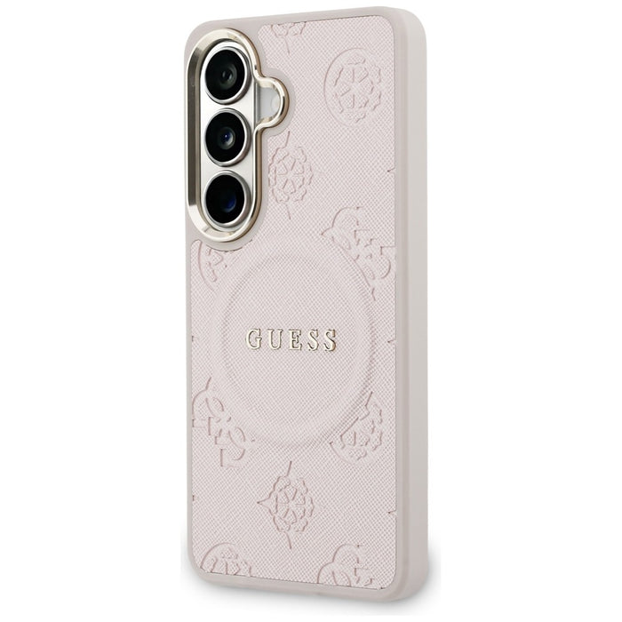 Калъф Guess Saffiano Peony с релефен пръстен MagSafe за Samsung Galaxy S26+ - розов