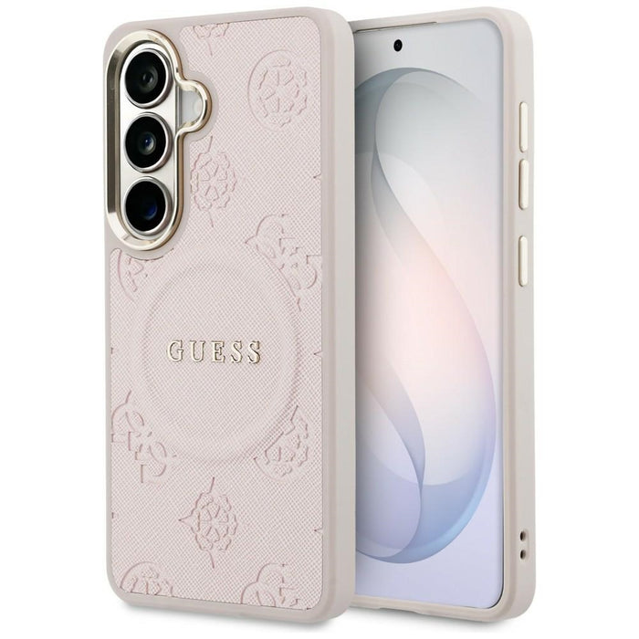 Калъф Guess Saffiano Peony с релефен пръстен MagSafe за Samsung Galaxy S26+ - розов